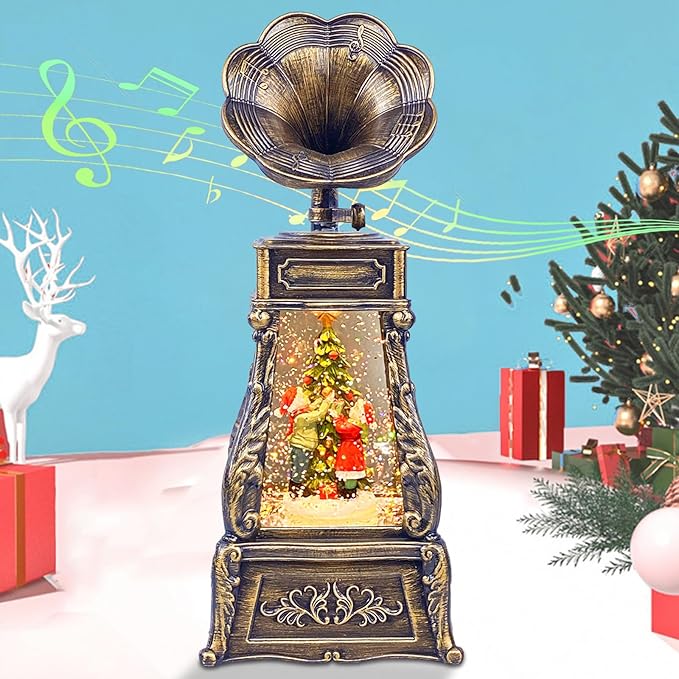 Christmas Musical Snow Globe Phonograph Lantern with Tree & Swirling Glitter