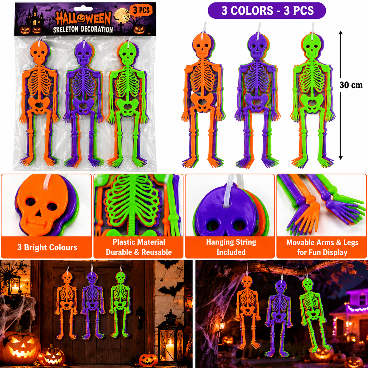 Halloween Colorful Skeleton Hanging Decorations, 3 Pcs, 30CM
