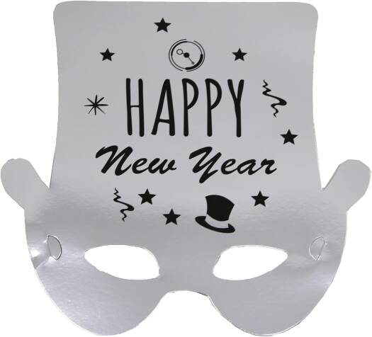 Happy New Year Party Mask with Top Hat Design – Silver