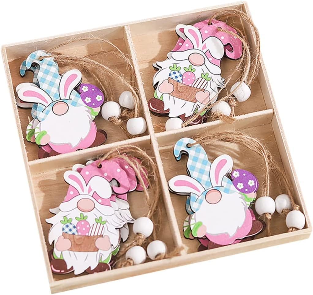 Easter Hanging Ornaments Set – Wooden Bunny & Gnome Spring Decorations (4 PCS)
