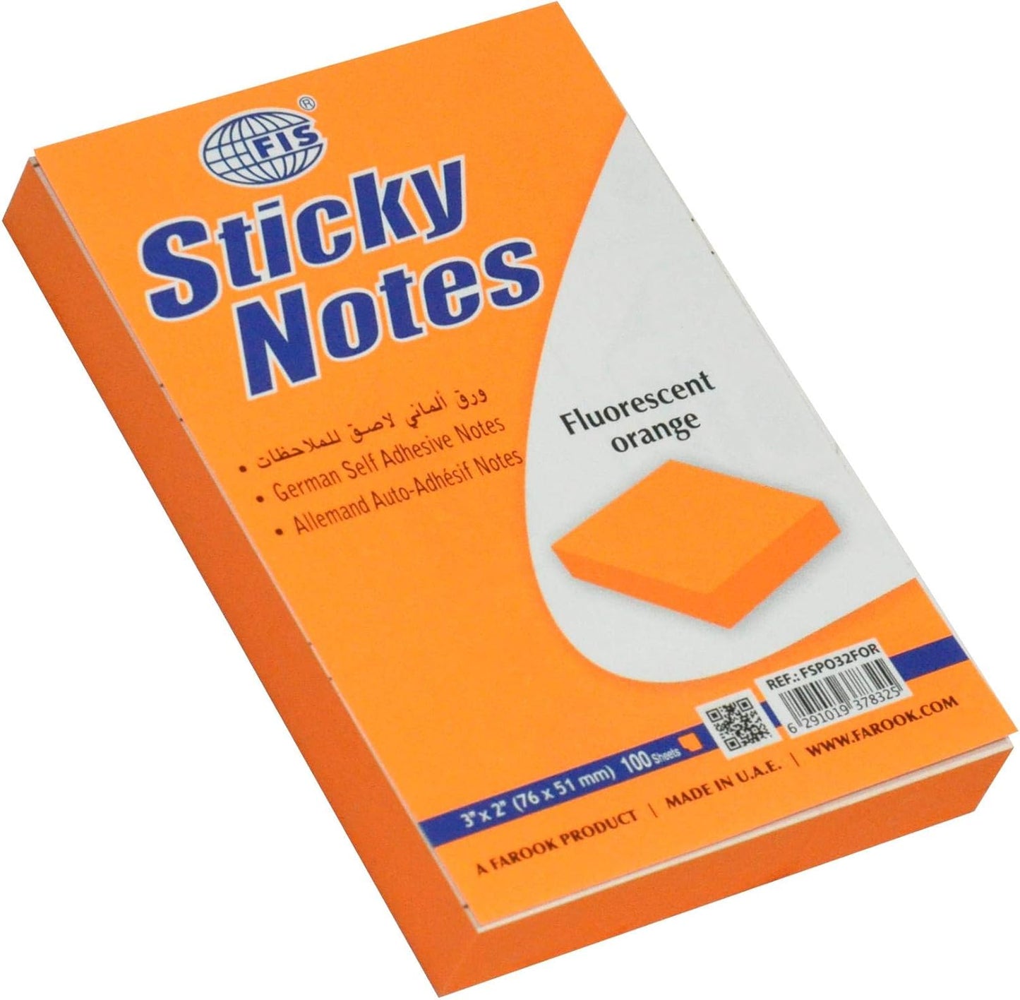 FIS Fluorescent Orange Sticky Notes 3 x 2 Inch