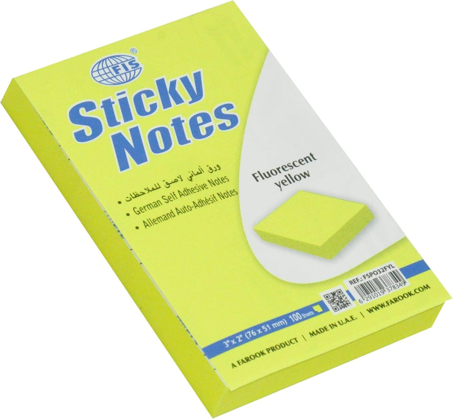 FIS Fluorescent Yellow Sticky Notes 3 x 2 Inch