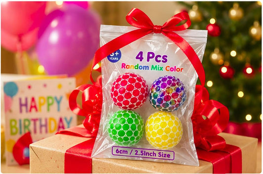 4 PCS Glitter Mesh Stress Balls Set – Colorful Squishy Fidget Sensory Toys for Kids & Adults