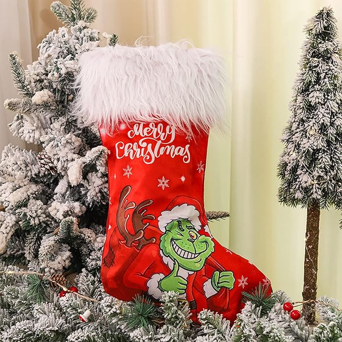 Red Christmas Stocking with 3D Gnome Plush Applique 3 Pcs