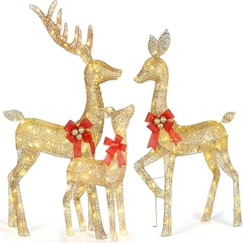 Set of 3 Lighted Glittering Gold Reindeer Outdoor Christmas Decor