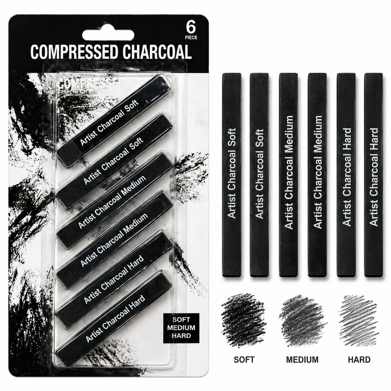 Compressed Charcoal Sticks Set of 6 for Drawing and Sketching