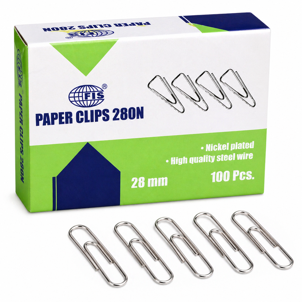 FIS 28mm Paper Clips 100 Pieces Nickel Plated Office Pack