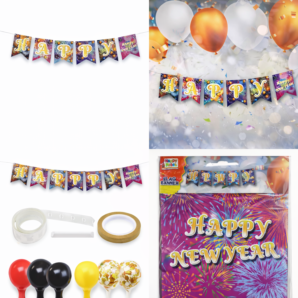 Happy New Year Flag Banner Decoration – Set of 2 Hanging Banners