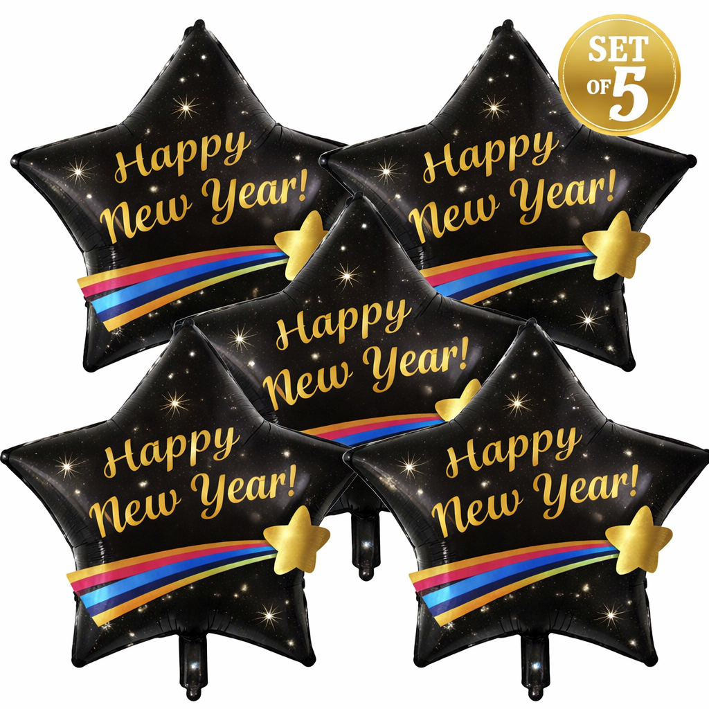 Happy New Year Star Foil Balloons Black Gold – Shooting Star Design (Set of 5)