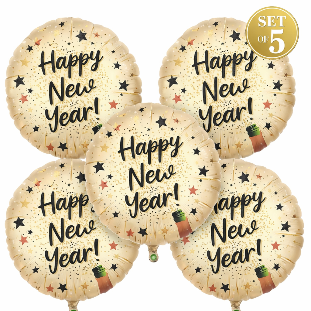 Happy New Year Round Foil Balloons Champagne Gold – 18 Inch (Set of 5)