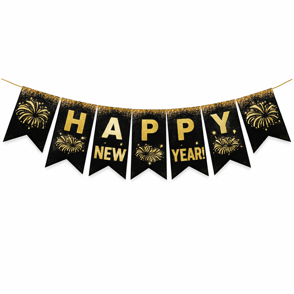 Happy New Year Black & Gold Fireworks Banner – Set of 2