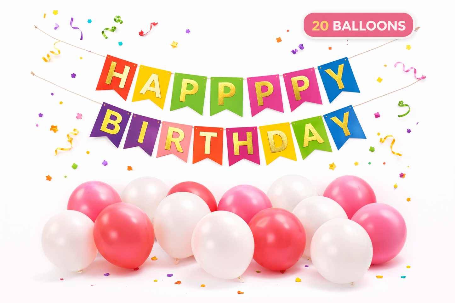 Happy Birthday Decoration Kit – Paper Banner + Balloons