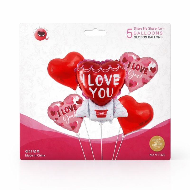 Valentine’s Heart Foil Balloon Set – I Love You Design, 5 Pieces, Red & Pink, Air or Helium