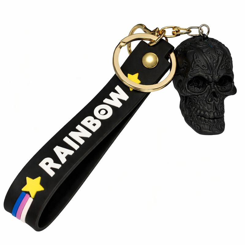 Skull Keychain with Silicone Strap – Black Color | Decorative Resin Skull Key Ring