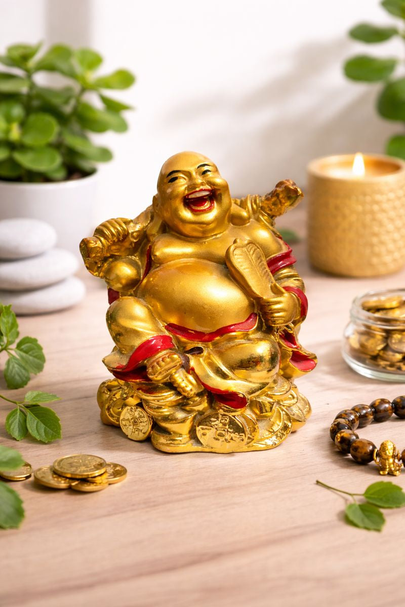 Laughing Buddha Decorative Figurine – Gold Resin Home & Desk Décor (12 cm)