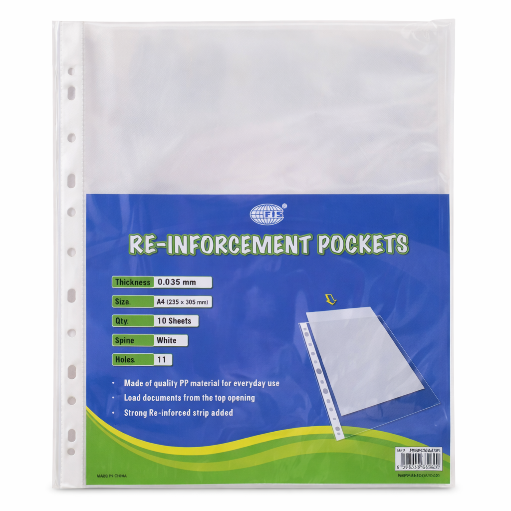 FIS A4 Reinforcement Pockets, 0.035mm, 11-Hole, Pack of 10 Sheets