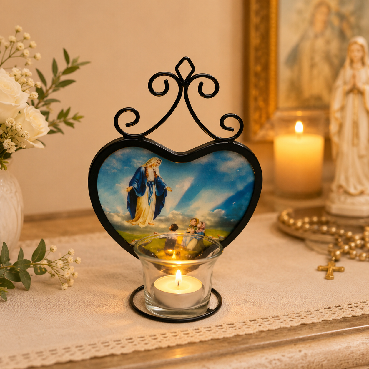 Heart-Shaped Religious Candle Holder with Decorative Mary Image and Metal Stand