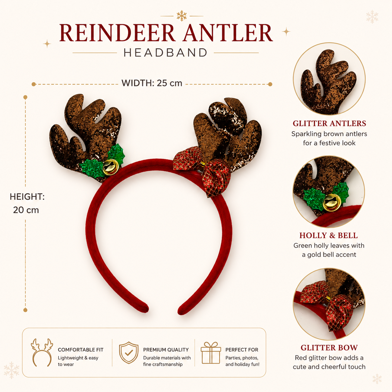Glitter Reindeer Antler Christmas Headband with Bell and Bow, 25 × 20 cm