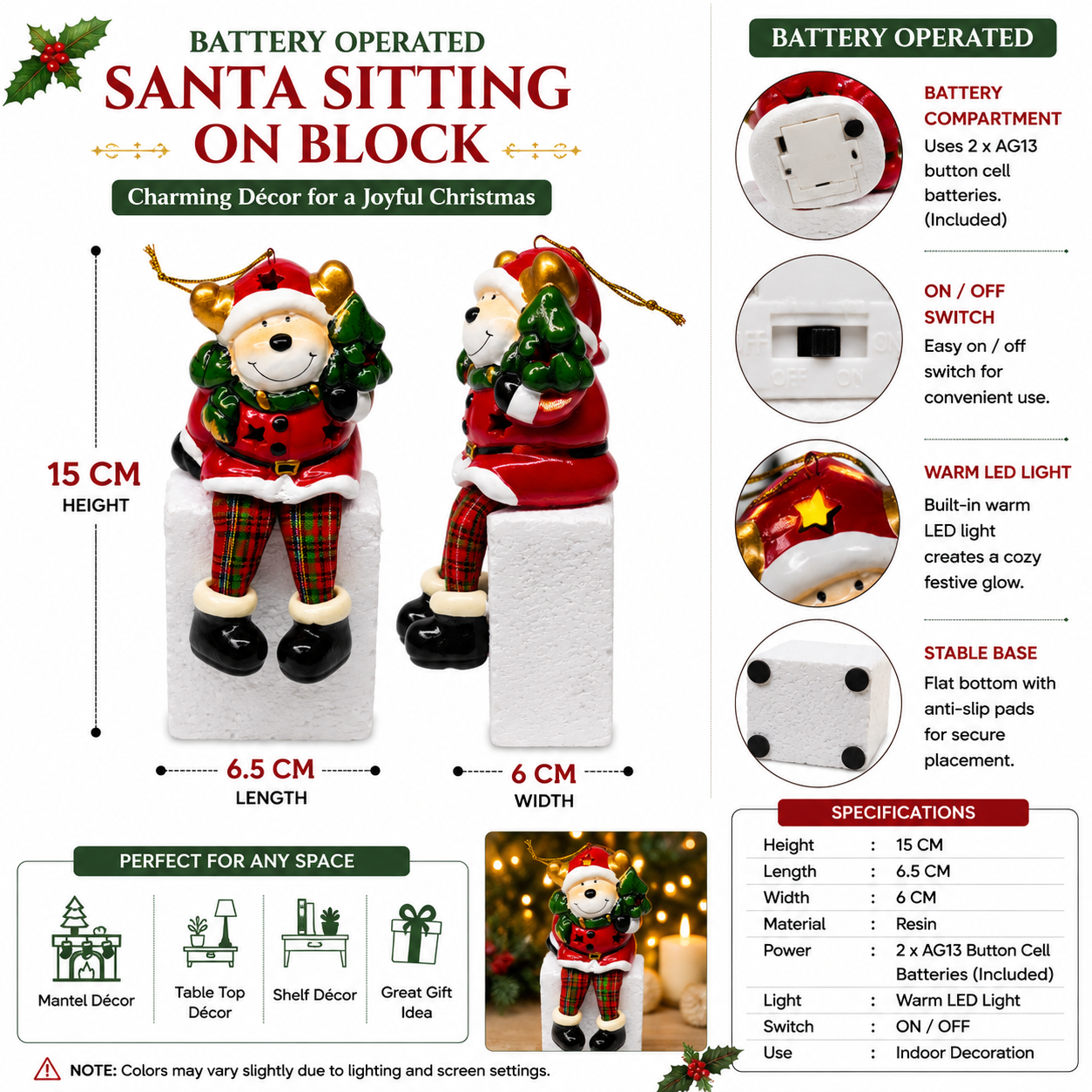 Battery Operated Sitting Christmas Bear Decoration with Warm LED Light, 15cm