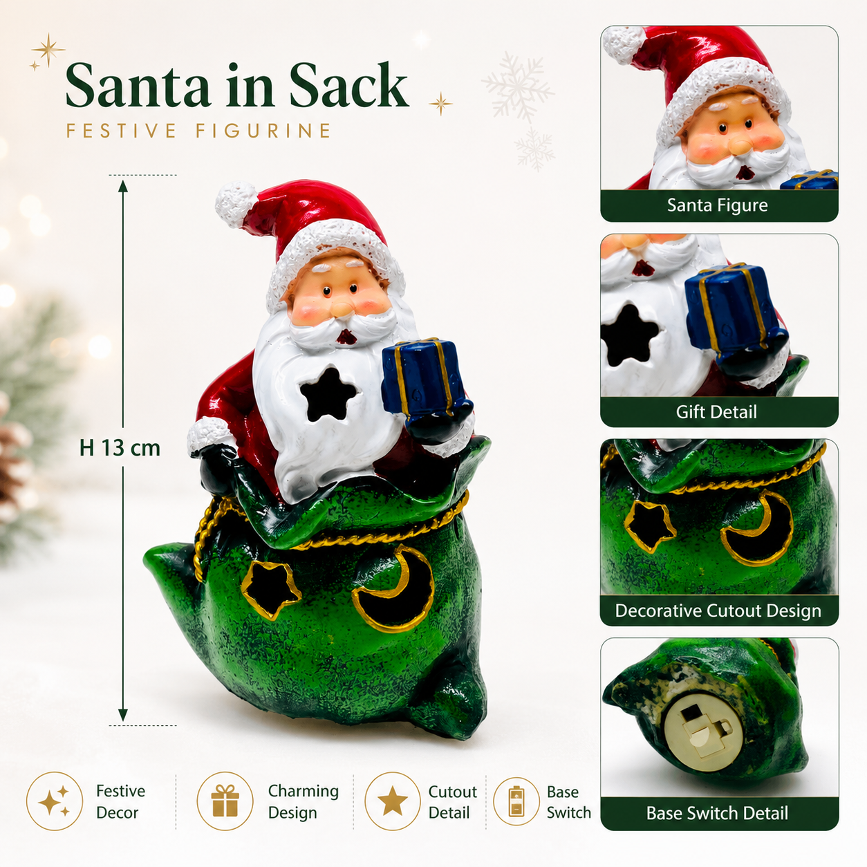 Santa Claus Christmas Figurine with Gift and Decorative Cutout Sack, 13 cm
