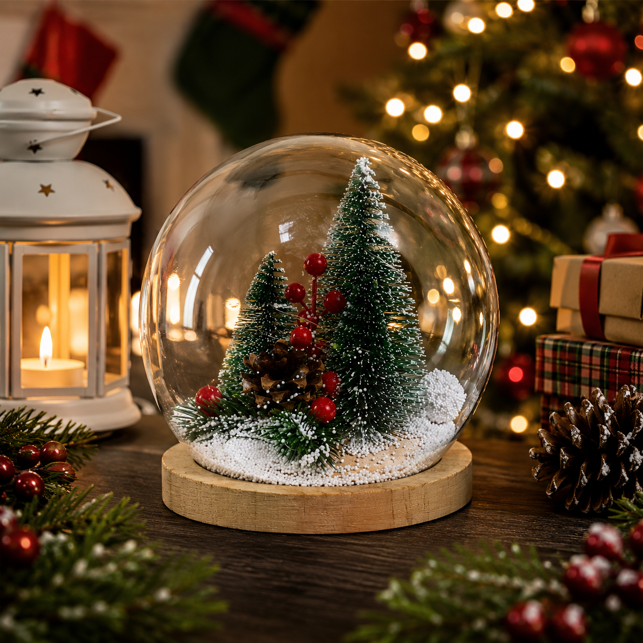 LED Christmas Snow Globe with Mini Tree Scene and Wooden Base Decor