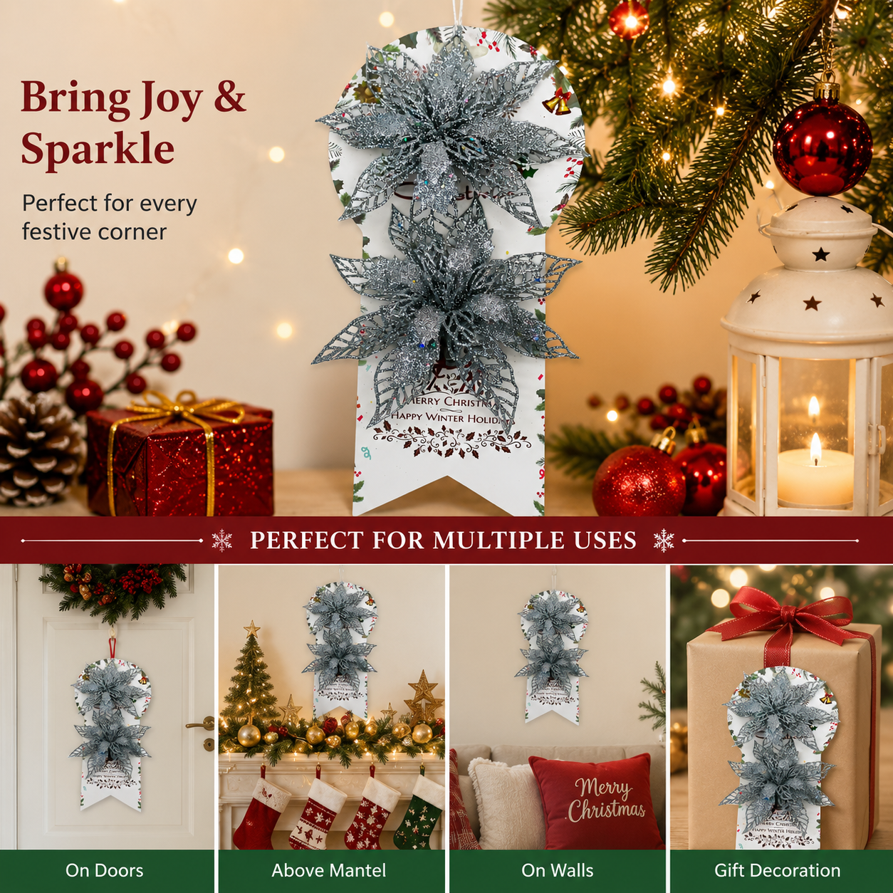 Glitter Poinsettia Flower Christmas Decoration – 30 × 14 cm Hanging Ornament for Doors, Walls & Holiday Home Décor