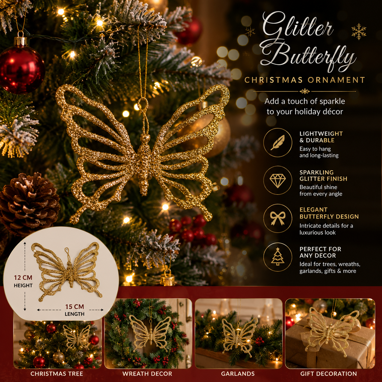 Gold Glitter Butterfly Christmas Tree Ornament with Clip | 15 × 12 cm