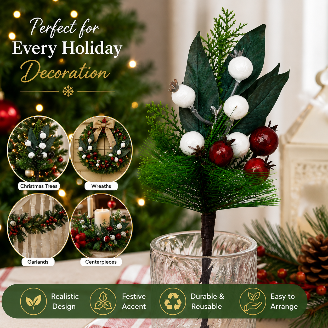 Artificial Christmas Berry Pick Stem 25x10cm – Red & White Berries with Pine Needles and Green Foliage for Festive Arrangements