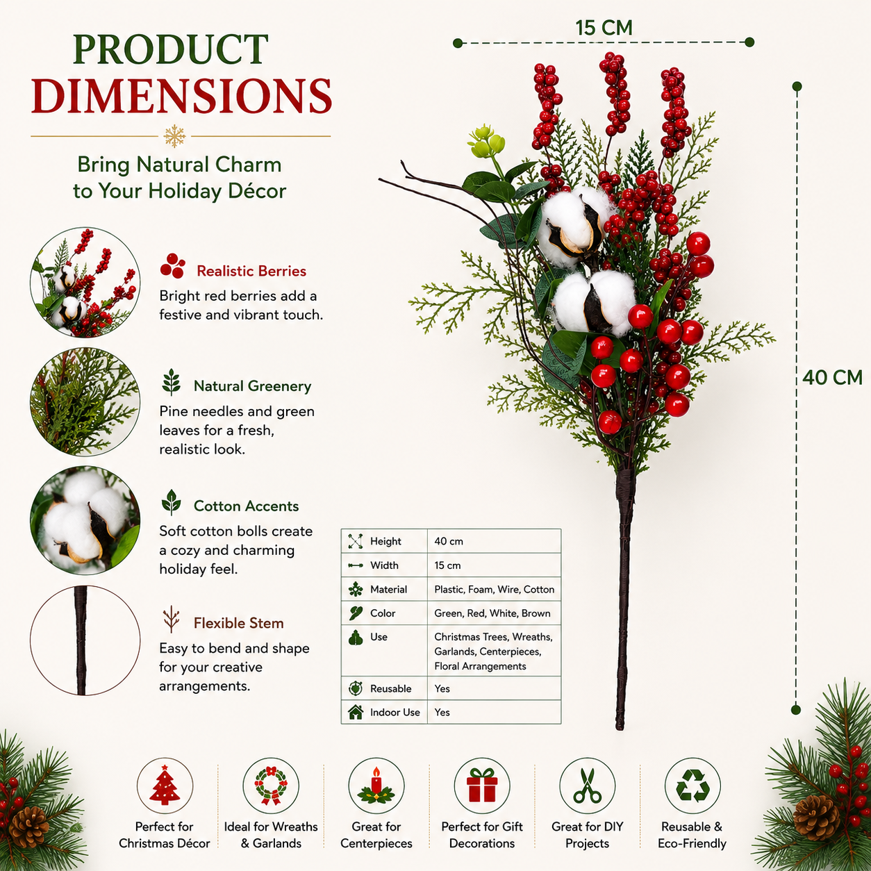 Artificial Christmas Berry & Cotton Stem Pick 40 x 15 cm | Red Berry, Cotton Boll & Greenery Holiday Floral Spray