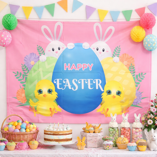 Happy Easter Banner Backdrop 150×90cm – Bunny & Egg Party Decoration for Wall, Photo Booth & Event Decor