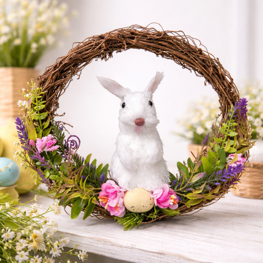 Easter Bunny Wreath 22cm – Spring Door Hanging Decoration with Floral & Egg Design