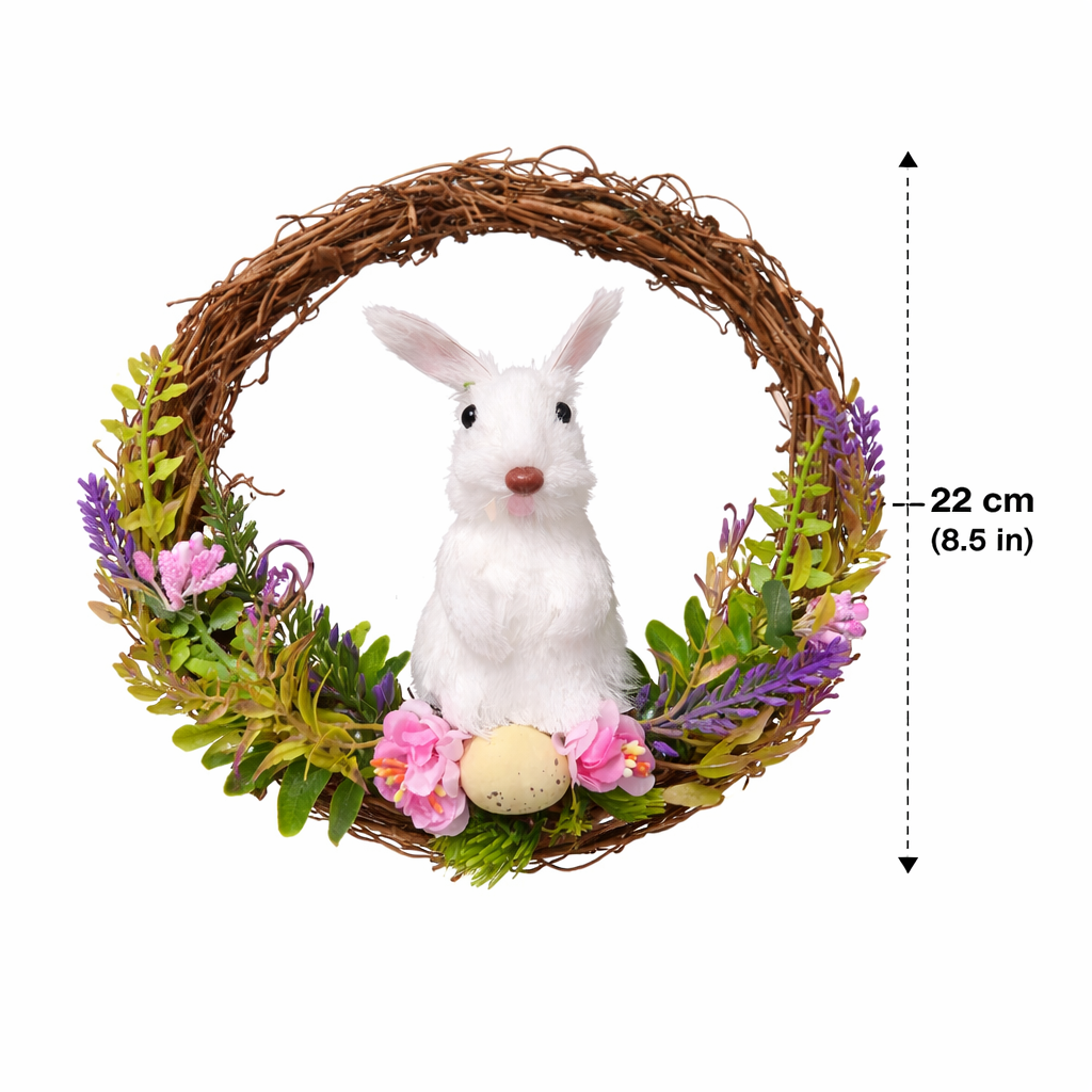 Easter Bunny Wreath 22cm – Spring Door Hanging Decoration with Floral & Egg Design
