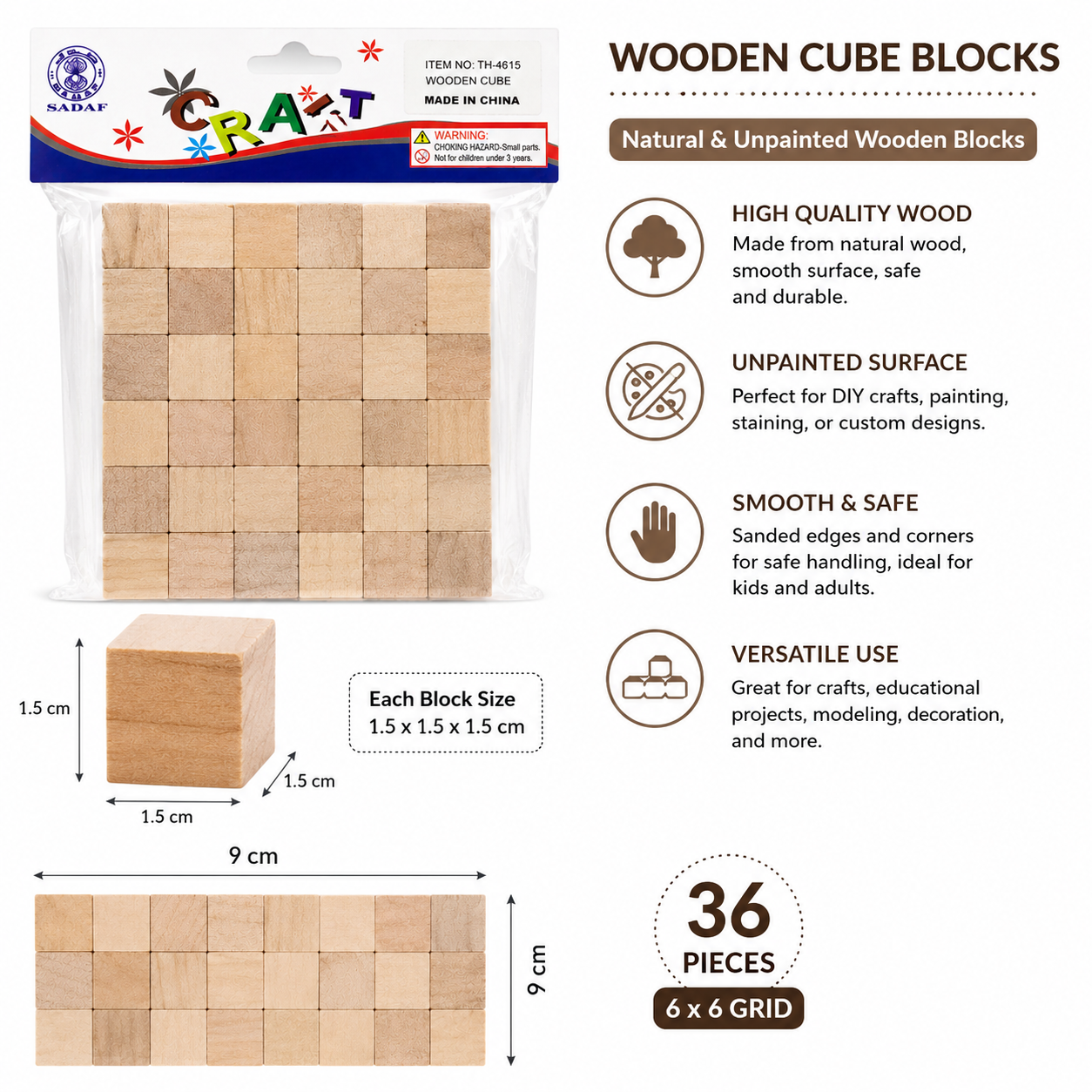 Natural Wooden Cube Blocks 36 Pieces Craft DIY Painting Set