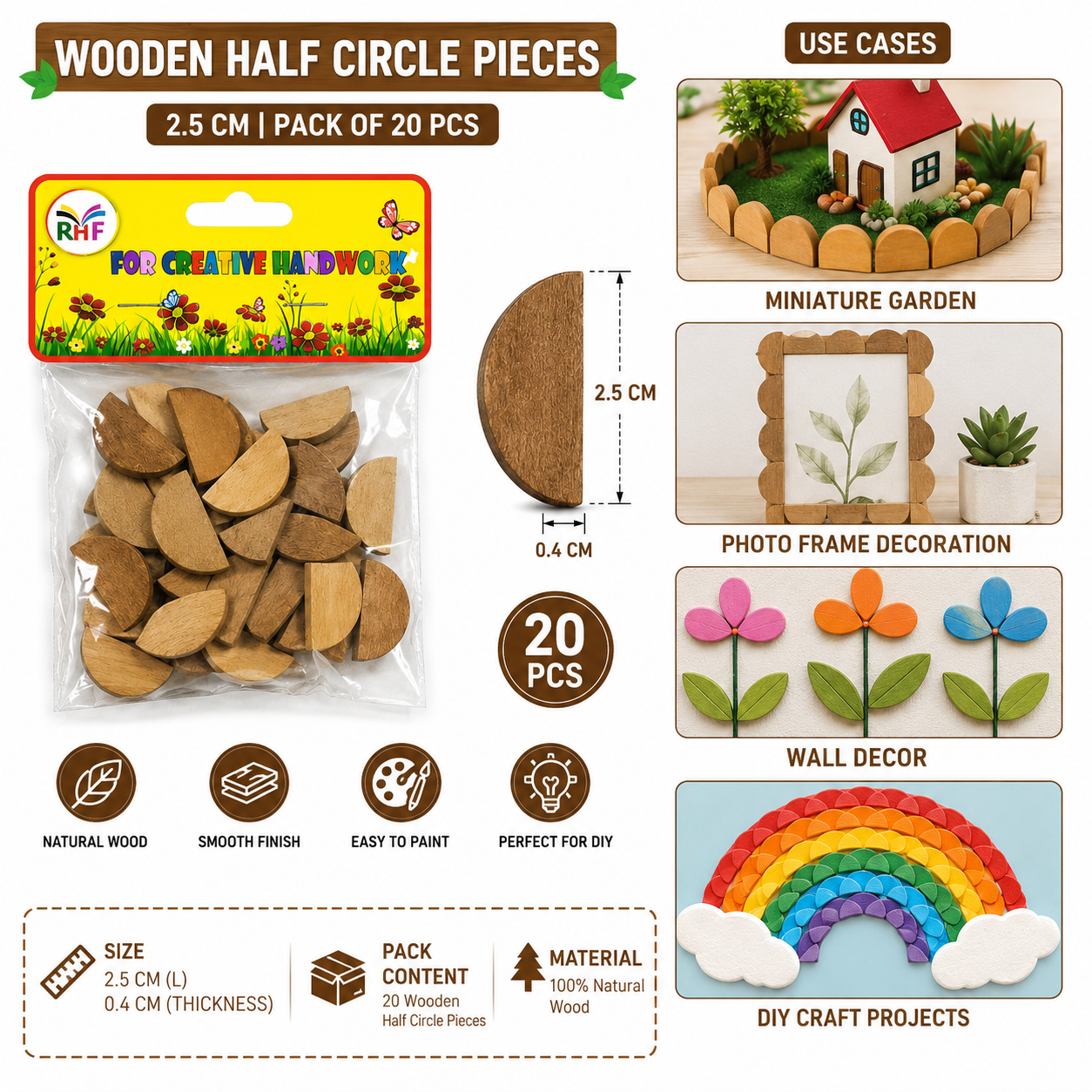 Wooden Half Circle Craft Pieces for DIY Art & Handwork – 2.5 cm – Pack of 20