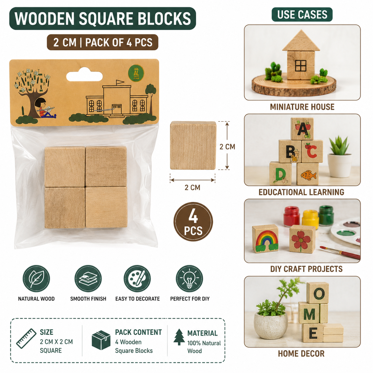 Natural Wooden Cube Blocks for DIY Crafts & Creative Projects – 2 x 2 cm – Pack of 4