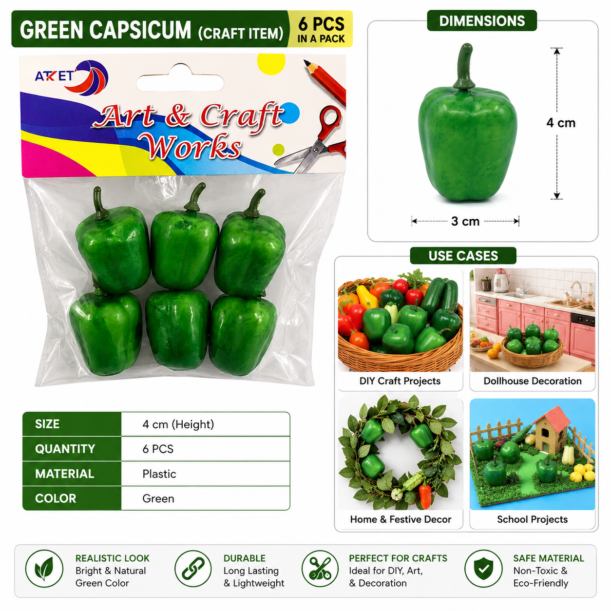 Artificial Mini Green Capsicum Craft Decoration – Small Plastic Bell Pepper Models, 4 cm, Pack of 6