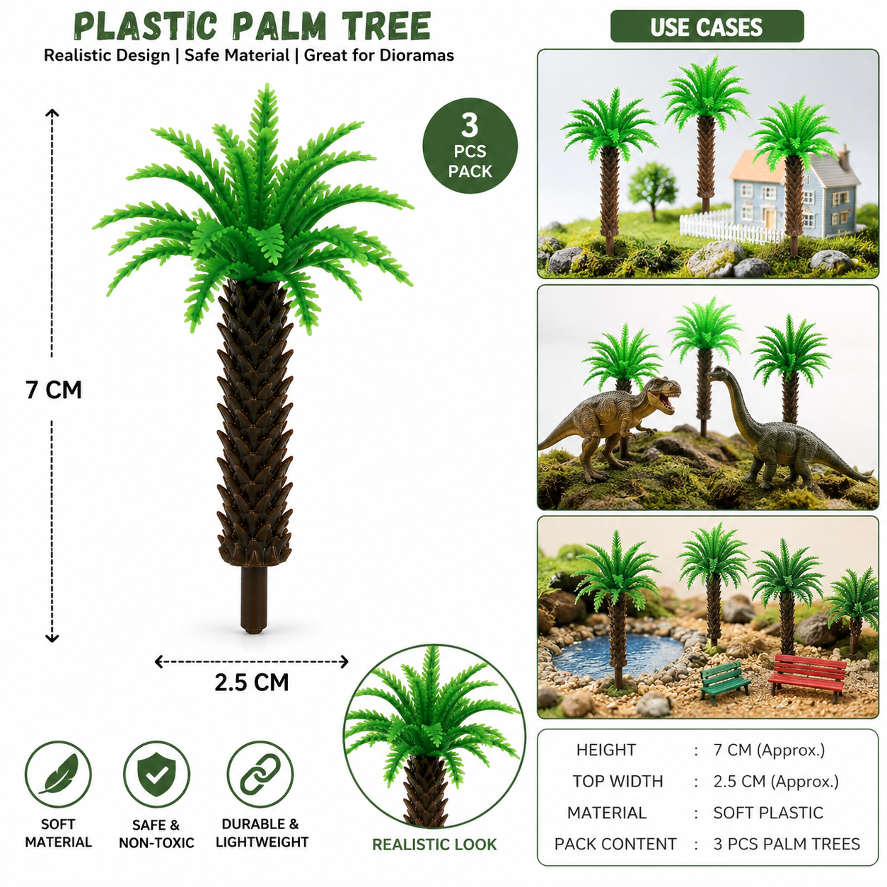 Mini Plastic Palm Tree Set for DIY Crafts & Diorama Decoration – 7 cm – Pack of 3