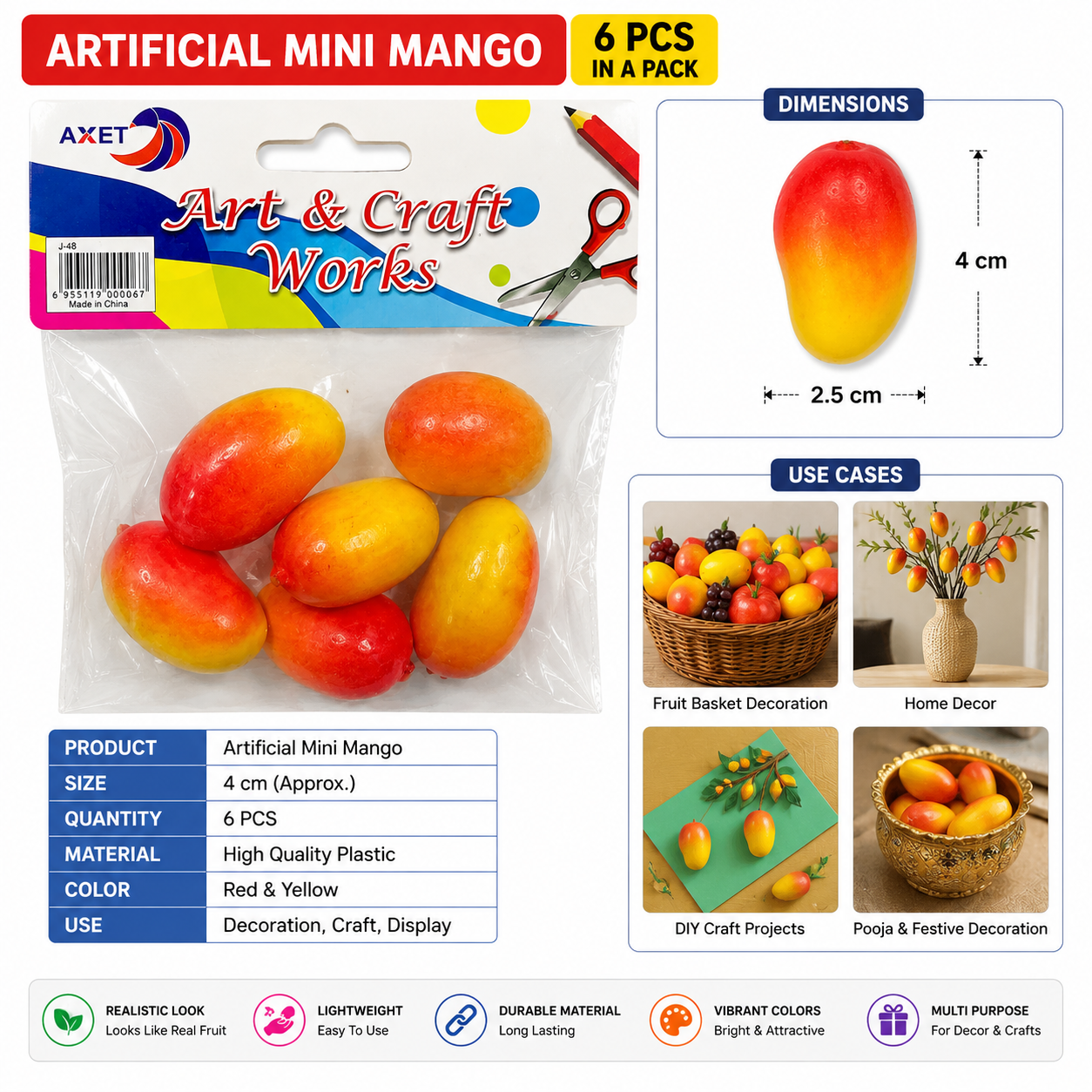 Artificial Mini Mango Craft Decoration Set – Realistic Plastic Mango Models, 4 cm, Pack of 6
