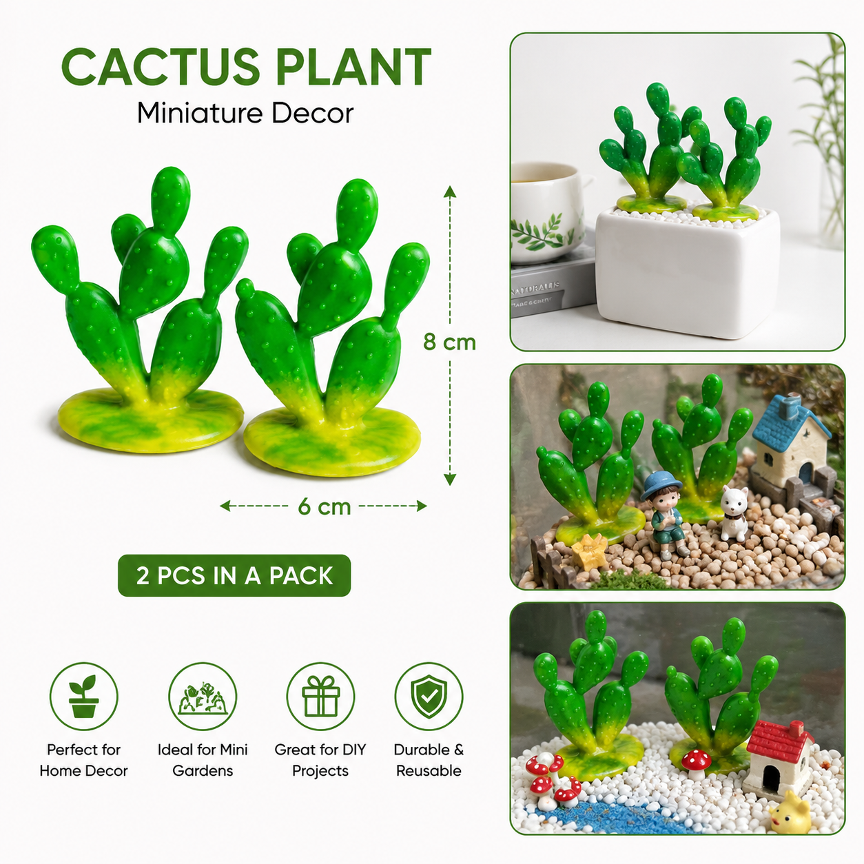 Artificial Mini Cactus Plant Decoration for DIY Crafts & Mini Gardens – 8 cm Plastic Cactus Set, Pack of 2