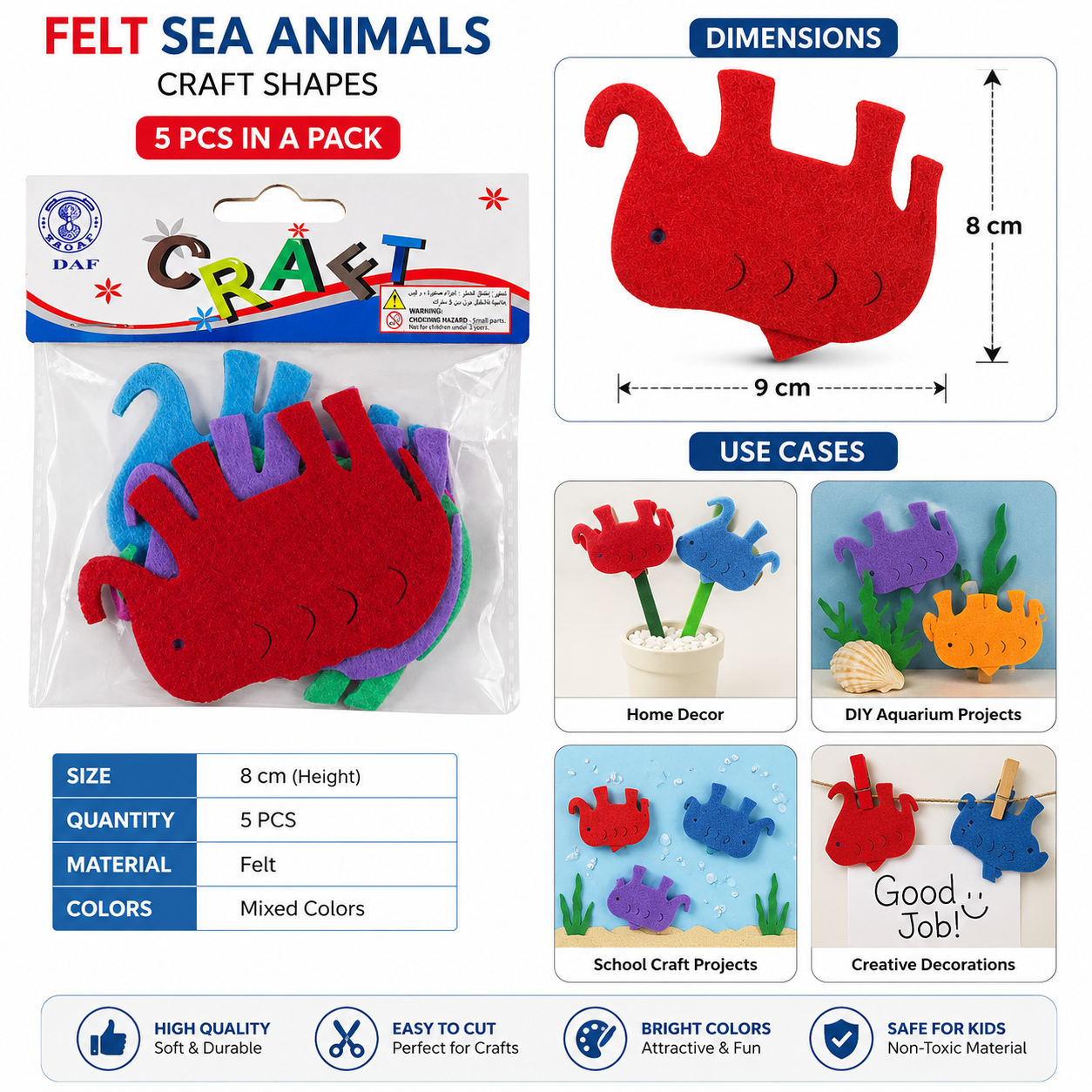 Felt Sea Animal Craft Shapes for DIY Art Projects – Soft Foam Fish Cutouts, 8 cm, Pack of 5