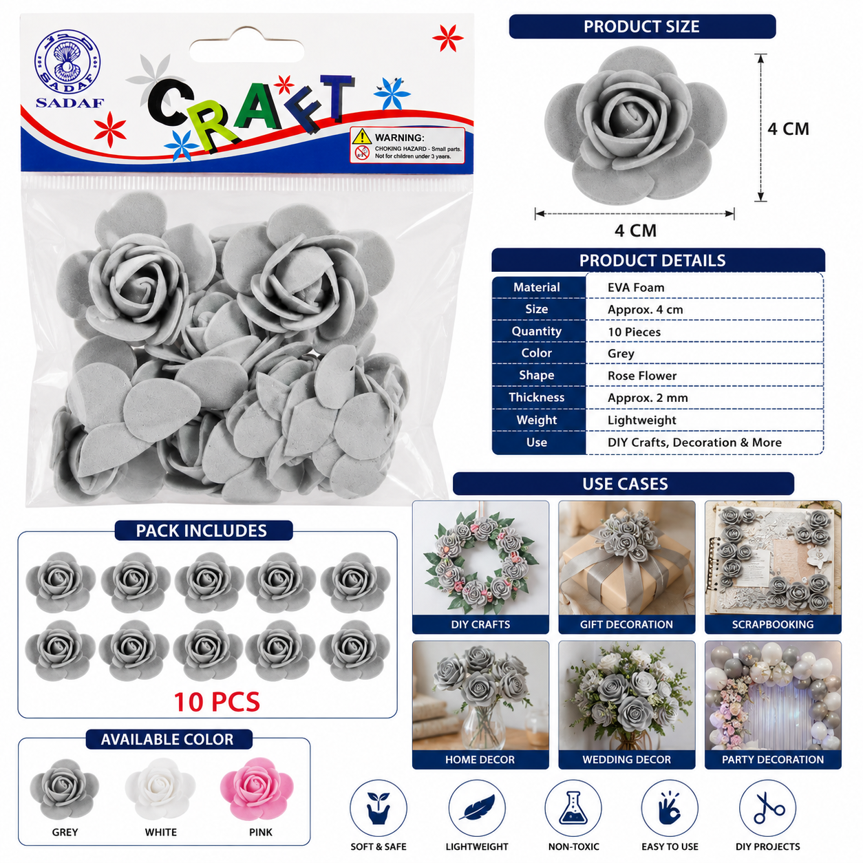 EVA Foam Rose Flower Craft Decorations – Grey – 4 cm – Pack of 10 – DIY Decorative Foam Flowers