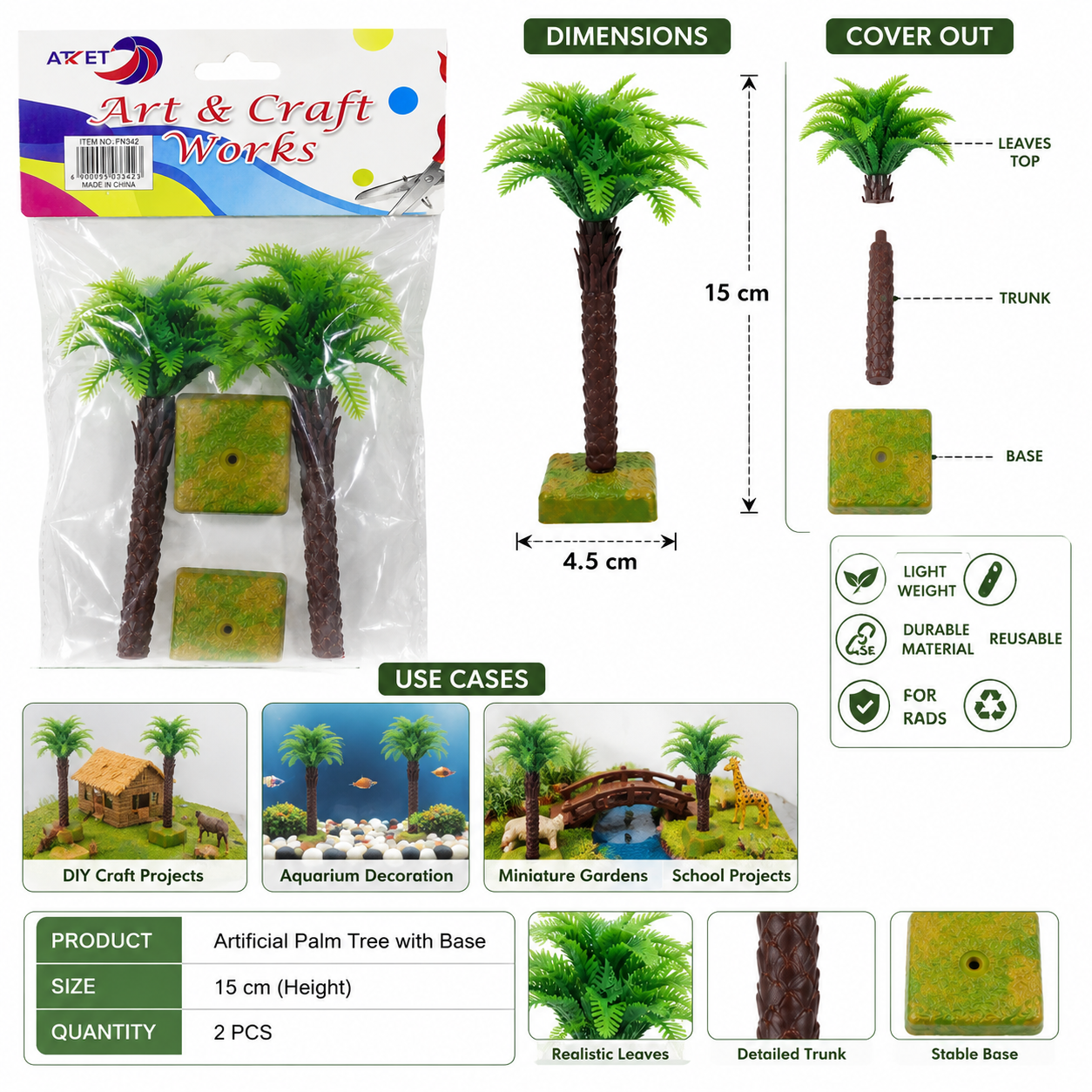 Artificial Palm Tree Model Set for DIY Crafts & Miniature Decoration – 15 cm Mini Plastic Trees with Base, Pack of 2