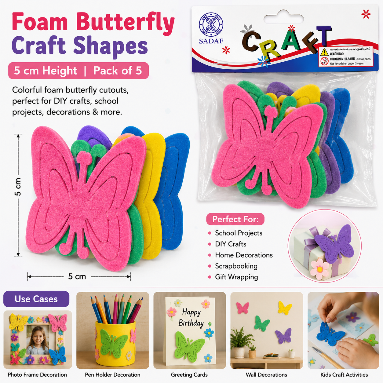 Colorful Foam Butterfly Craft Shapes for DIY Art Projects – EVA Foam Butterfly Cutouts, 5 cm, Pack of 5