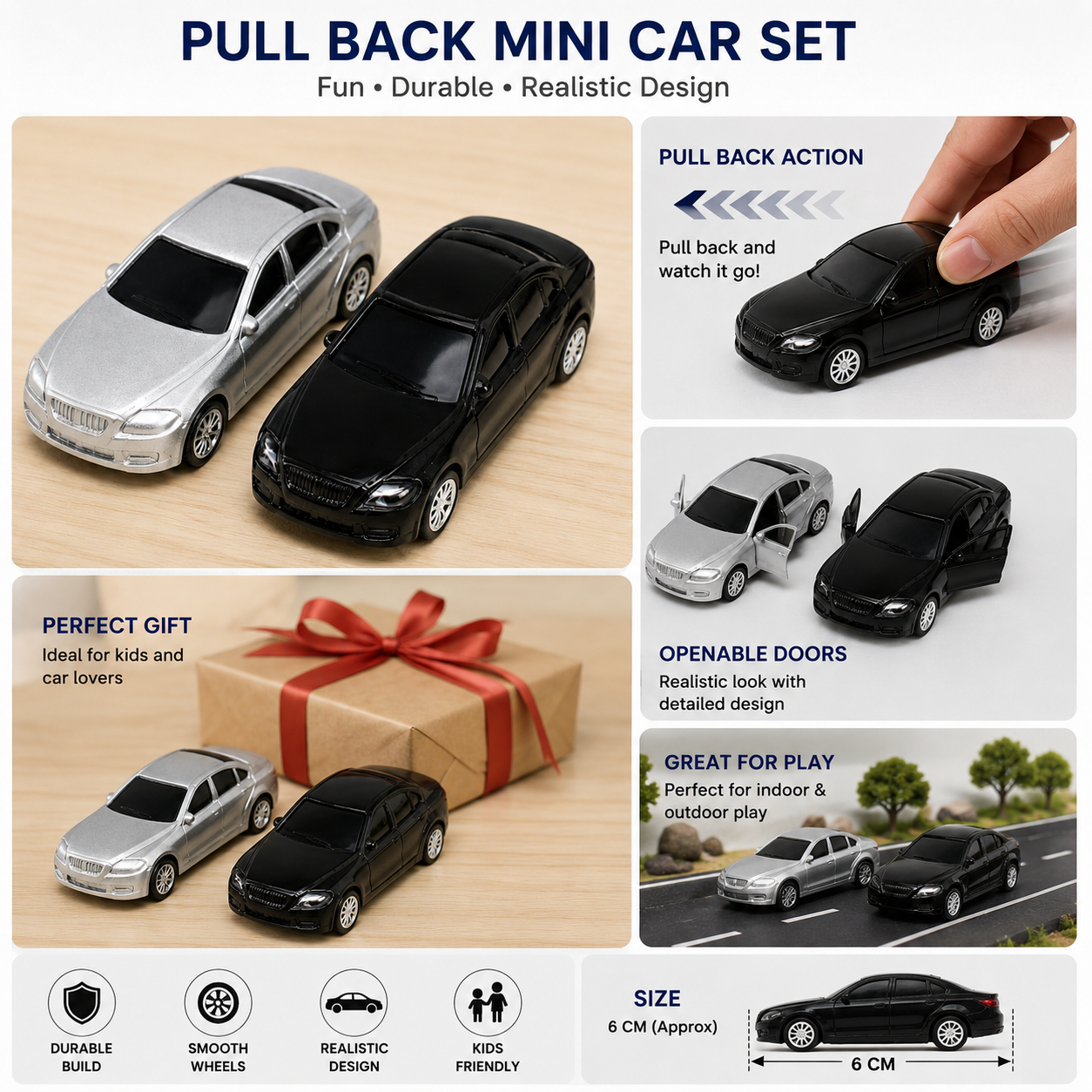 Pull Back Mini Toy Car Set for Kids – Small Die Cast Style Toy Cars, 6 cm Mini Vehicle Toys, Pack of 2