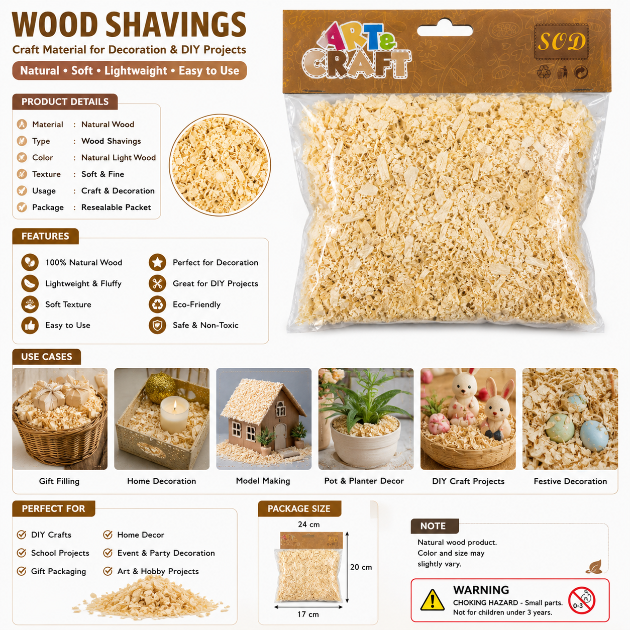 Natural Wood Shavings for DIY Crafts & Decoration – Soft Wood Flakes Filling Material for Gift Packing