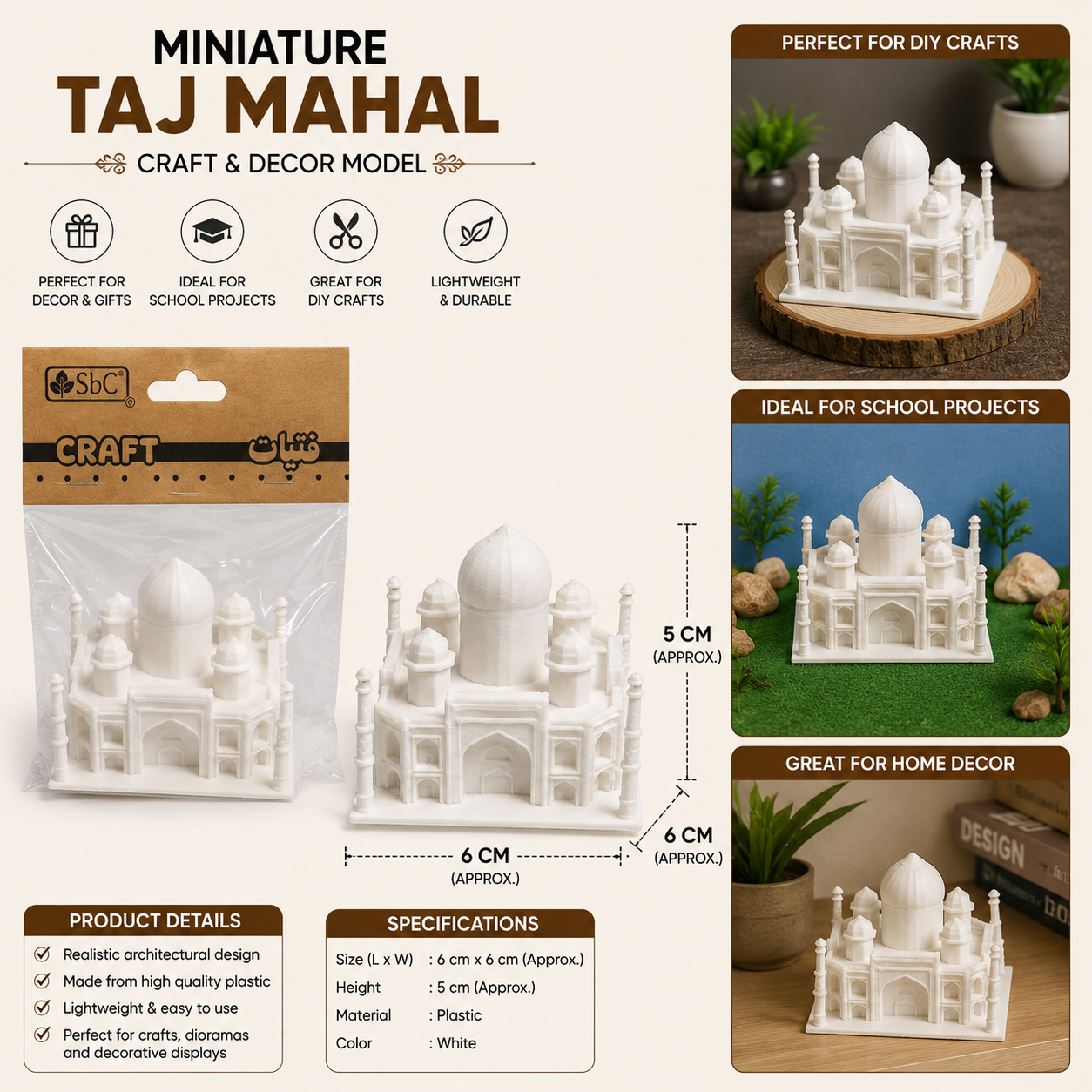 Miniature Taj Mahal Model 6x6cm for DIY Crafts and Decor