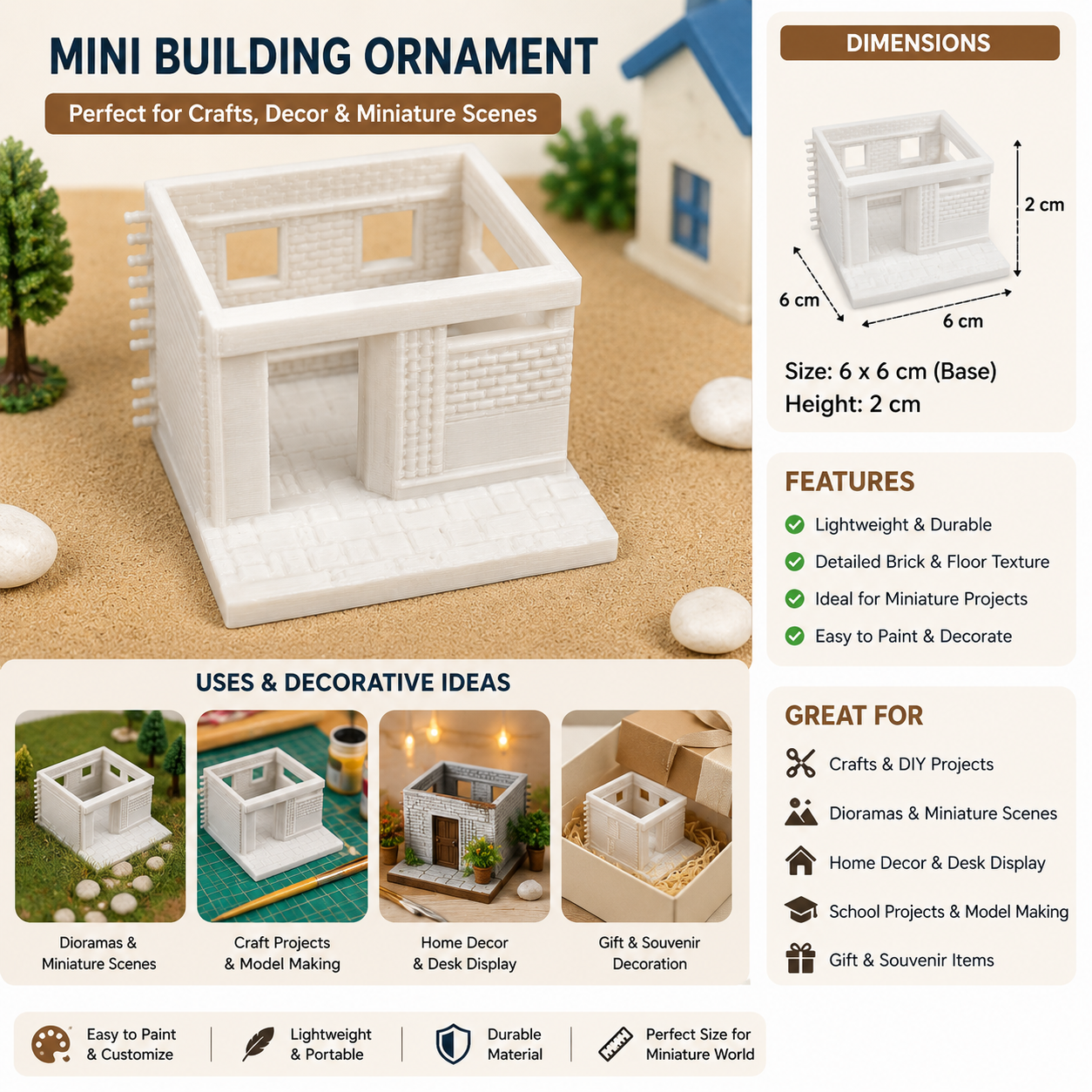 Mini White Building Ornament 6x6x2cm for Crafts and Diorama Decor