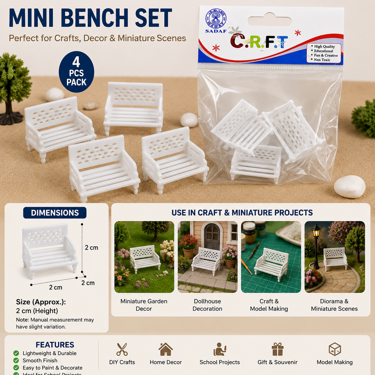 Mini White Bench Set 2cm Pack of 4 for Crafts and Dioramas