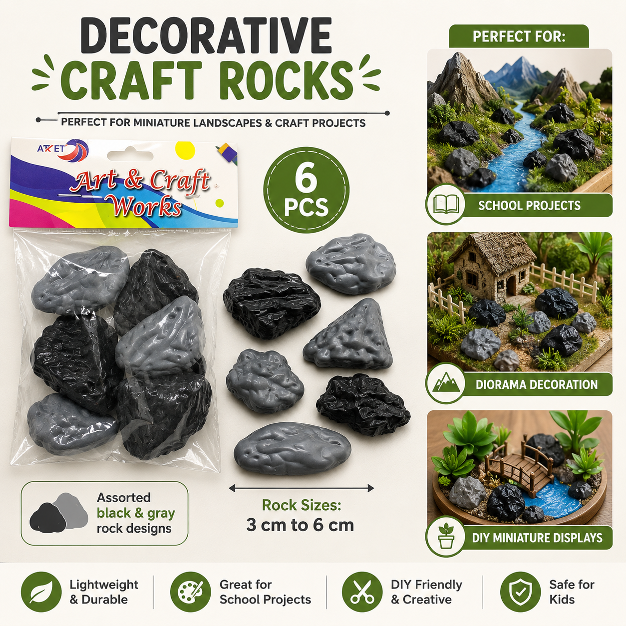 Decorative Craft Rocks 6 Pieces for Diorama and Miniature Projects
