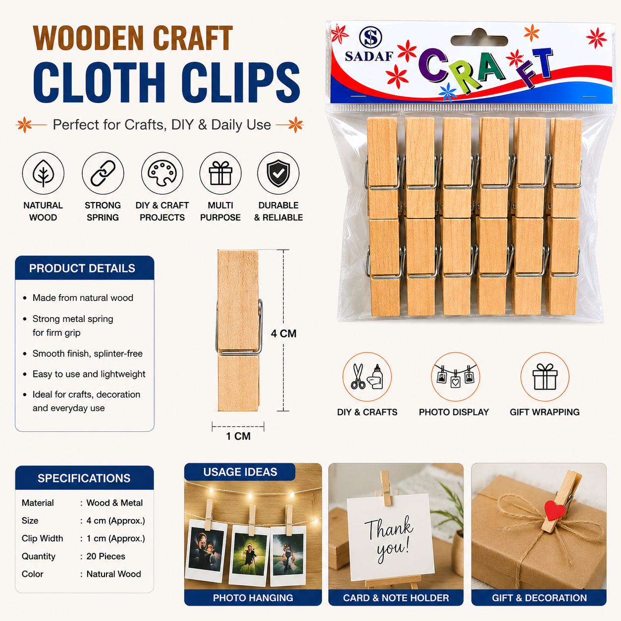 Wooden Craft Cloth Clips 4cm Pack of 20 for DIY Use